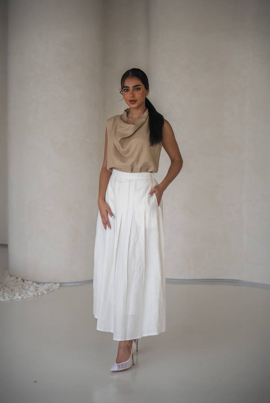 Beige blouse and white skirt set, made of linen C:203 Biege - white