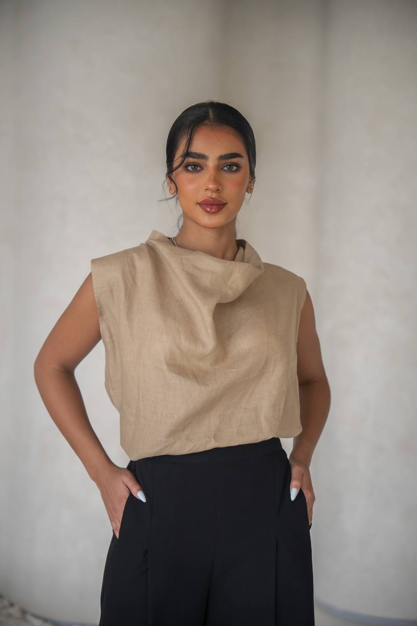 Beige linen blouse and black pants set C:150 Biege-black