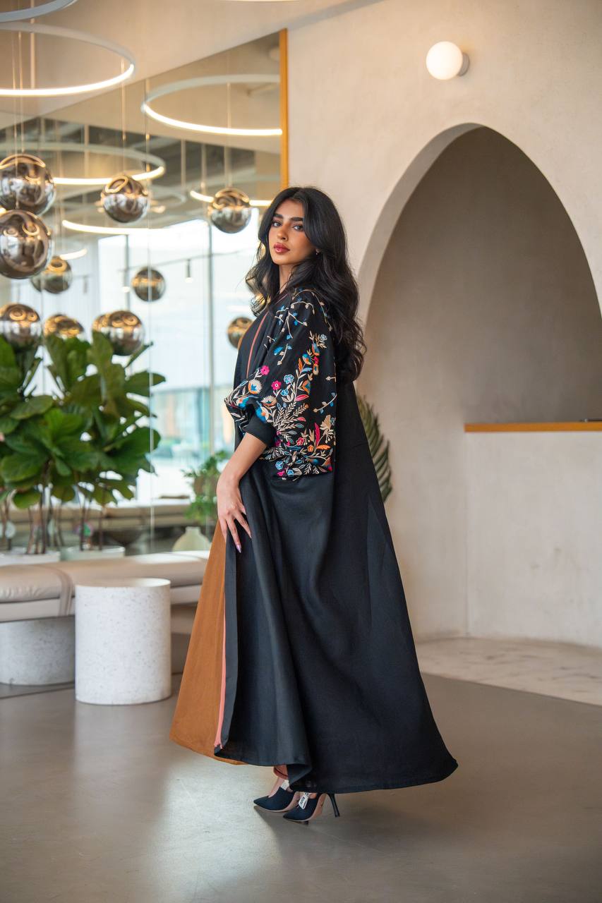 Free size black linen abaya with embroidery C:6631 Blue (Free size)