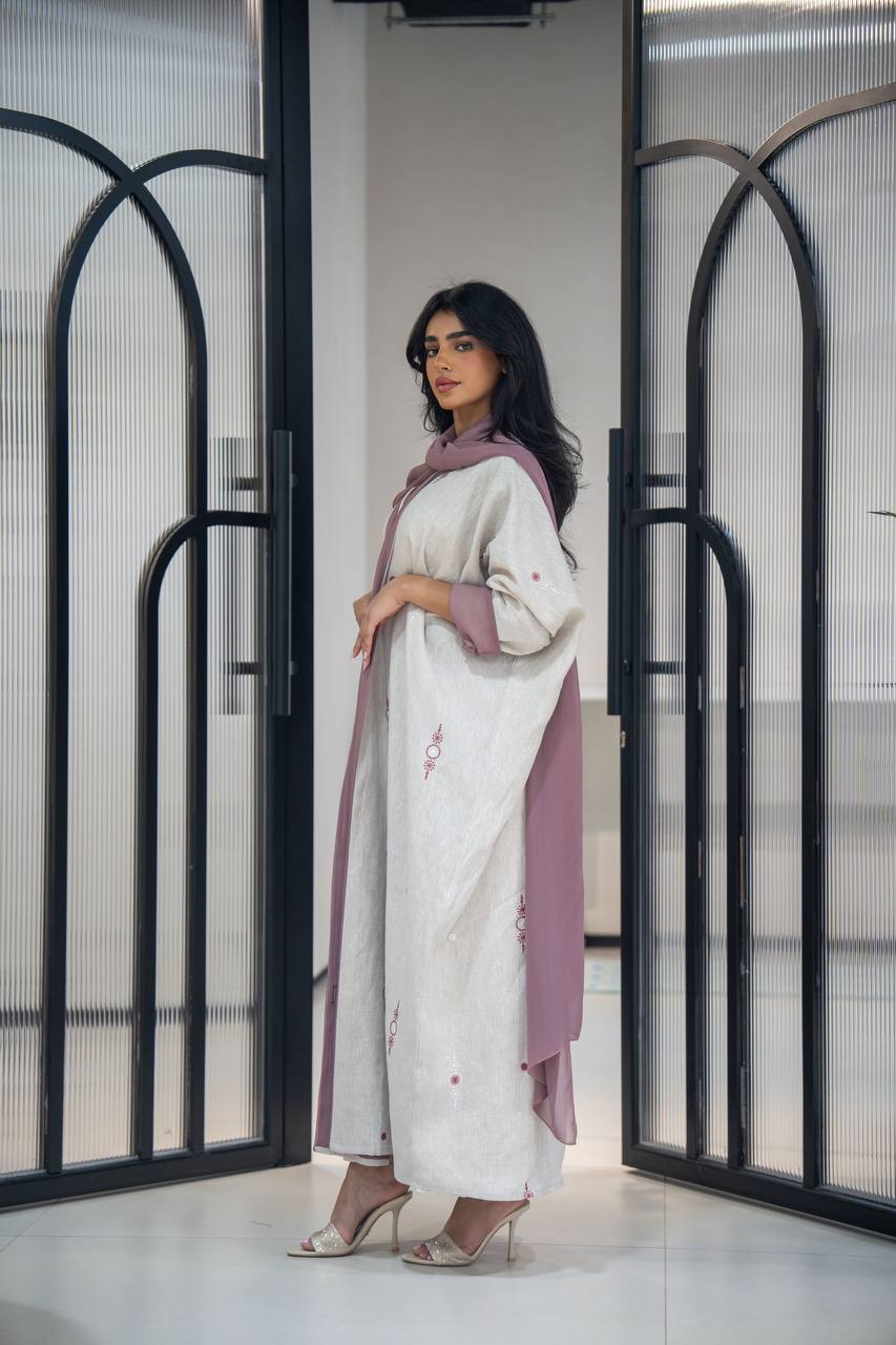 Light beige linen abaya with embroidery C:6622 Beige (Free size)