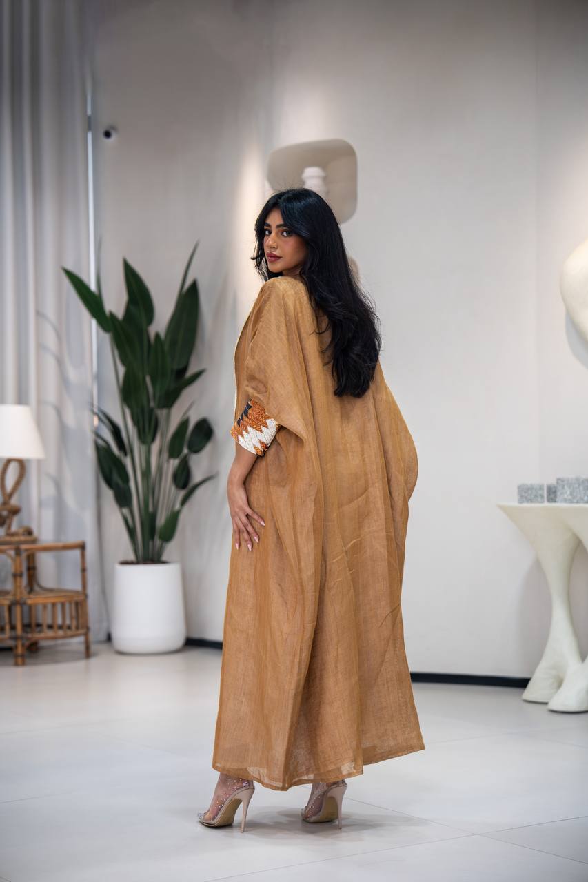 Camel-colored burlap bisht abaya with embroidery C:6621 (Free size)