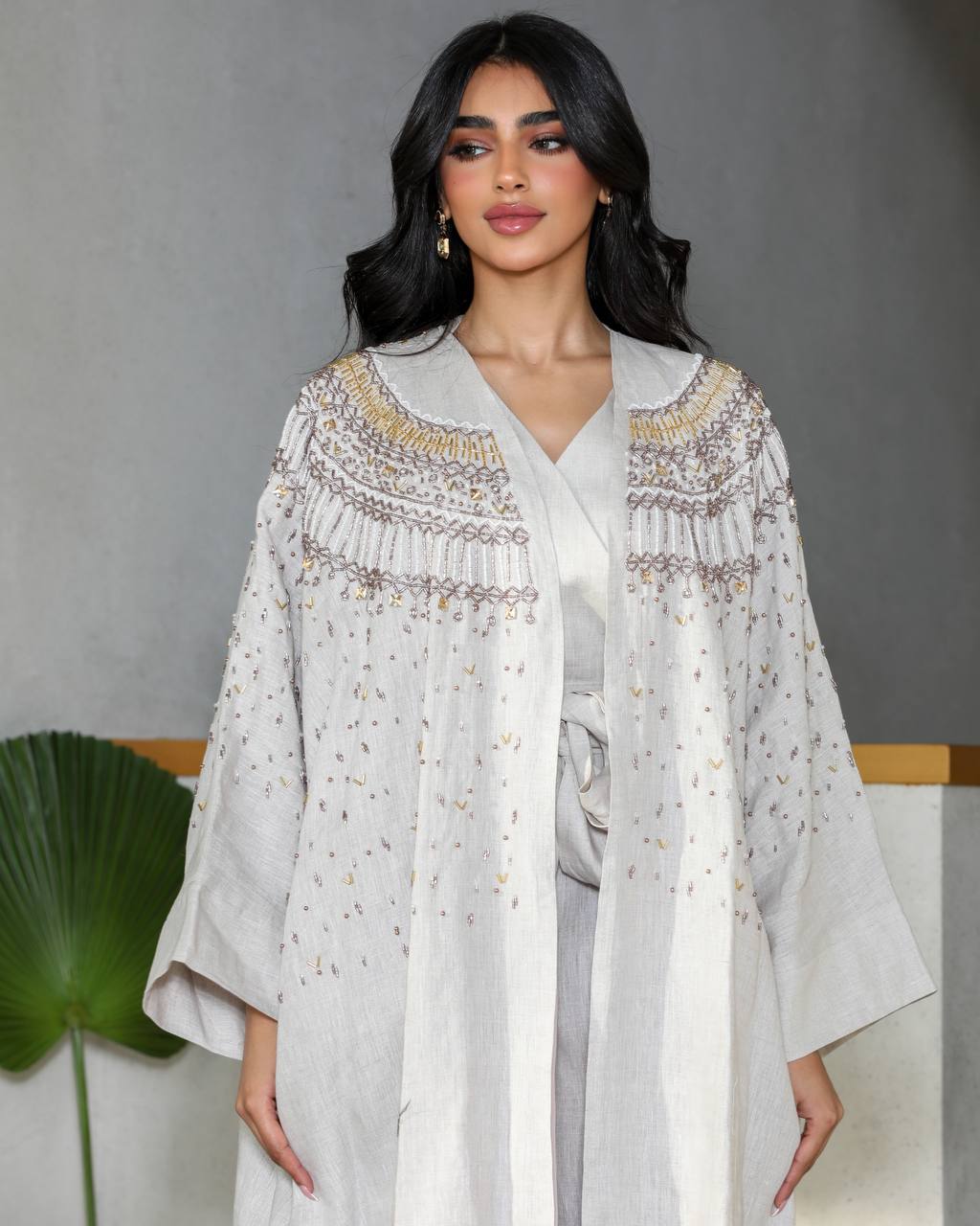 Light beige crepe abaya with hand embroidery C:6361 Beige