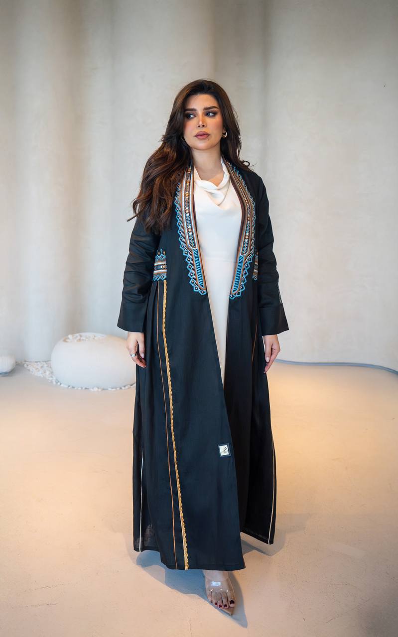 Black Linen Abaya with Embroidery C:6605 Black/Blue