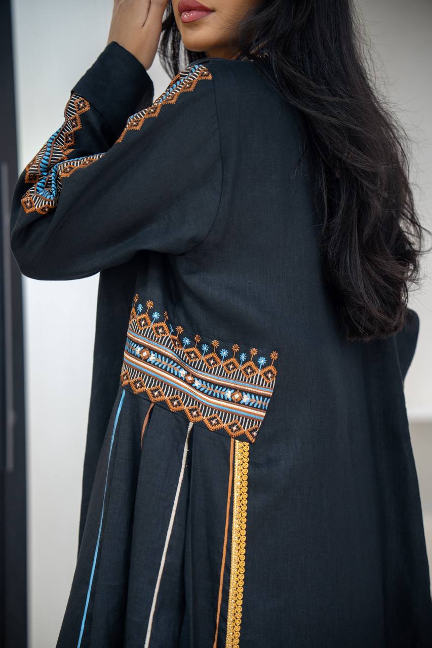 Black linen abaya with embroidery C:6605