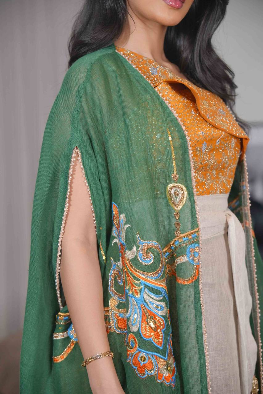 Green Bisht with beige linen dress with orange and embroidery C:6614