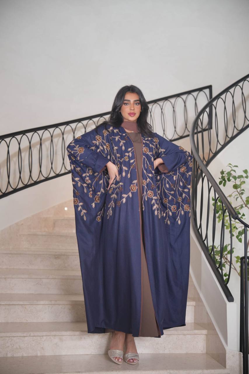 Navy Linen Bisht with Embroidery C:6595 (Free size)