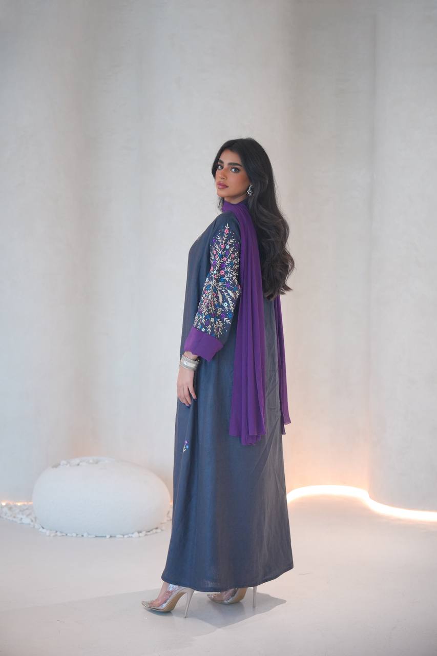 Navy linen abaya with embroidery C:6603