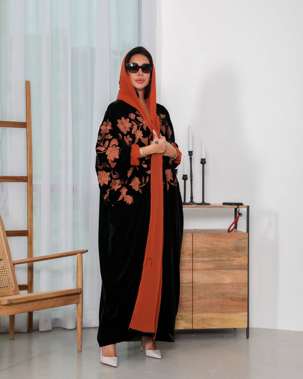 Black Besht Abaya with Orange Embroidered 6340 (Free size)
