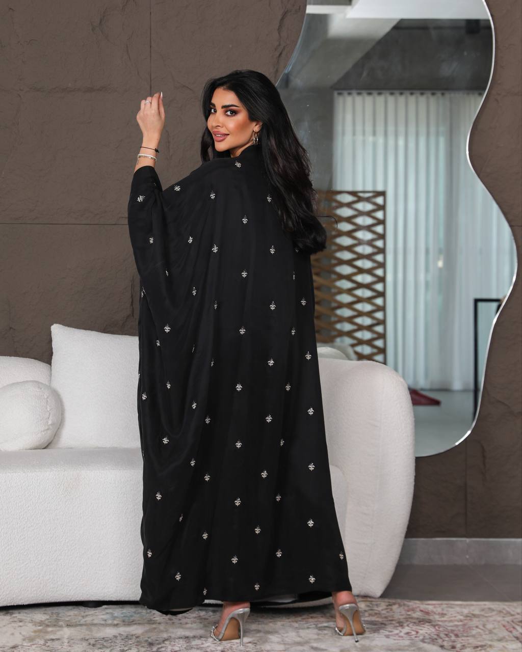 Light beige silk crepe abaya with embroidery C:6387 (Free size)
