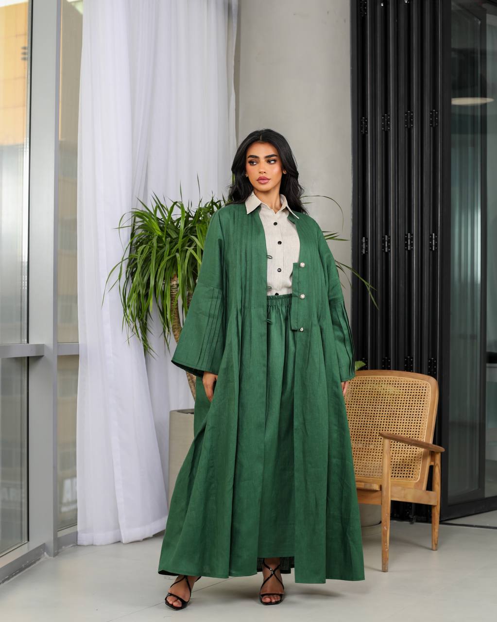 Linen Abaya Green C:6487(Free size)