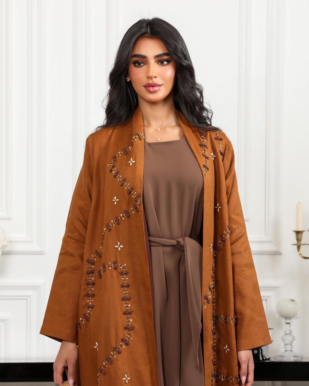 Abaya camel linen with pearl C:6488 BROWN