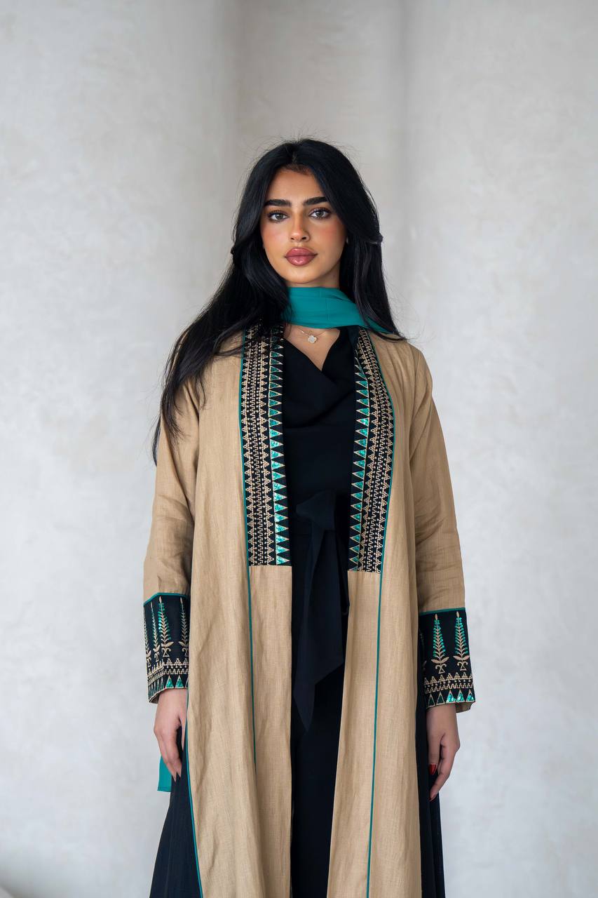 Linen beige abaya with embroidery C:6588 Beige