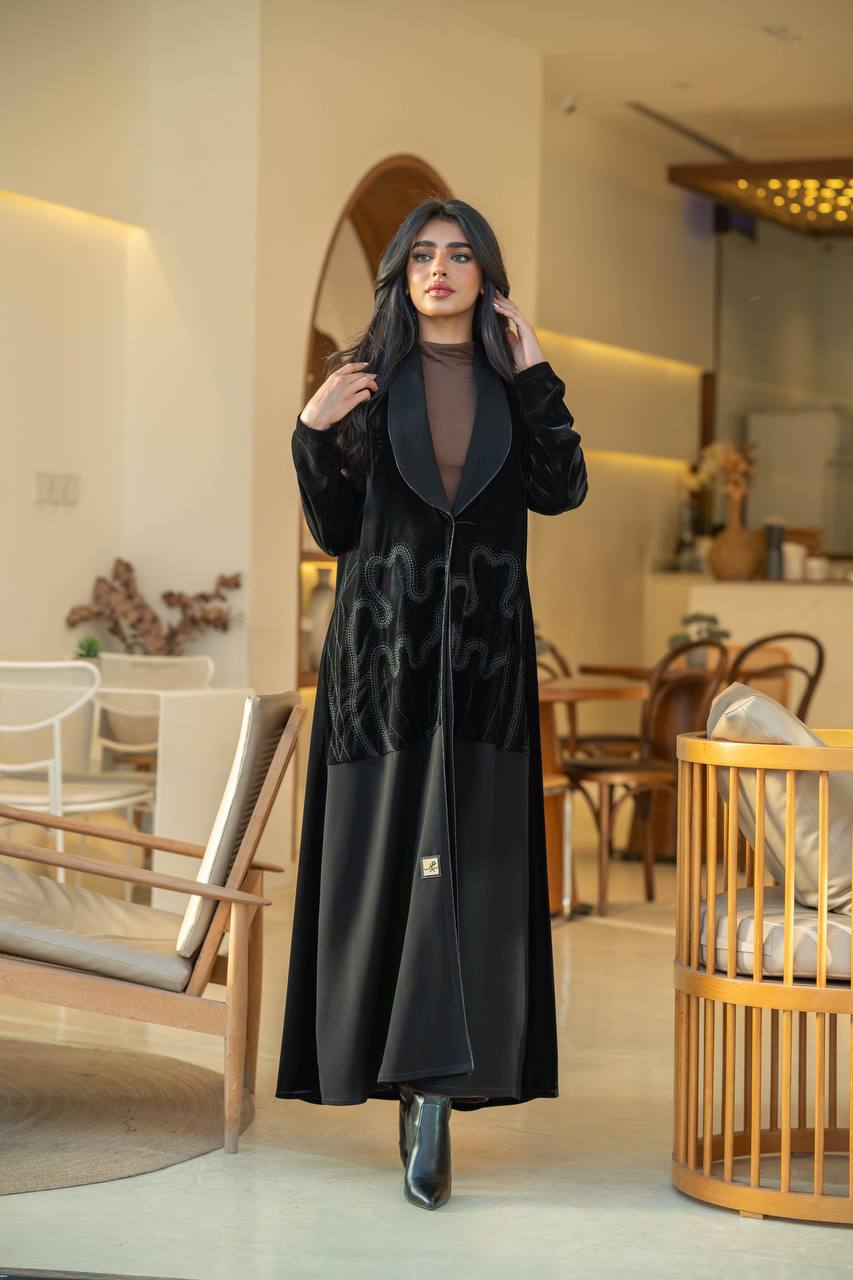 Embroidered velvet blazer abaya with crepe in black color C:6584