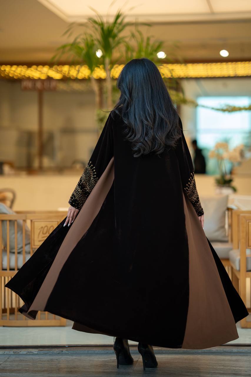 Black velvet abaya with brown crepe 6579