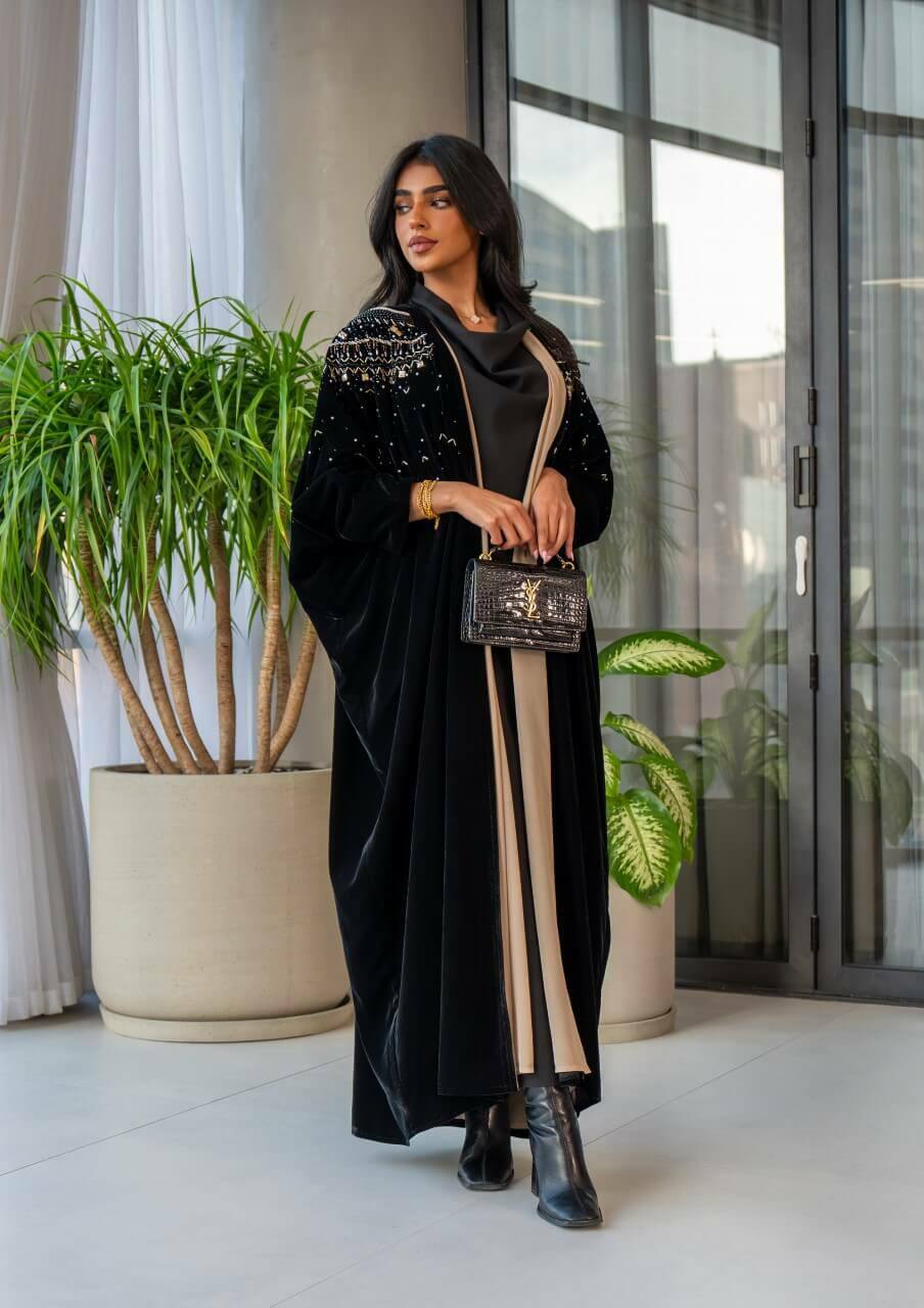 Black velvet Bisht abaya with embroidery C:6571(Free size)