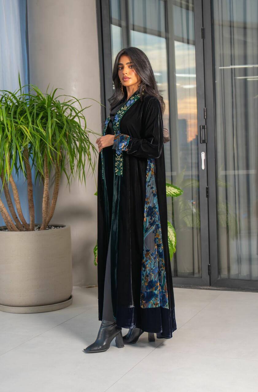 Plain velvet abaya and floral velvet with hand doubt C:6574