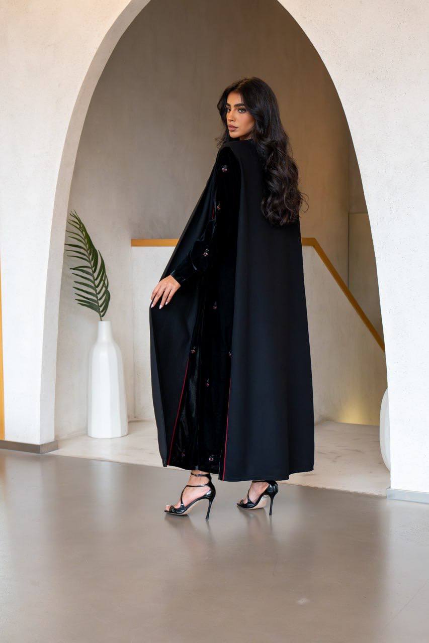 Crepe abaya with black velvet and hand embroidery C:6560 Black