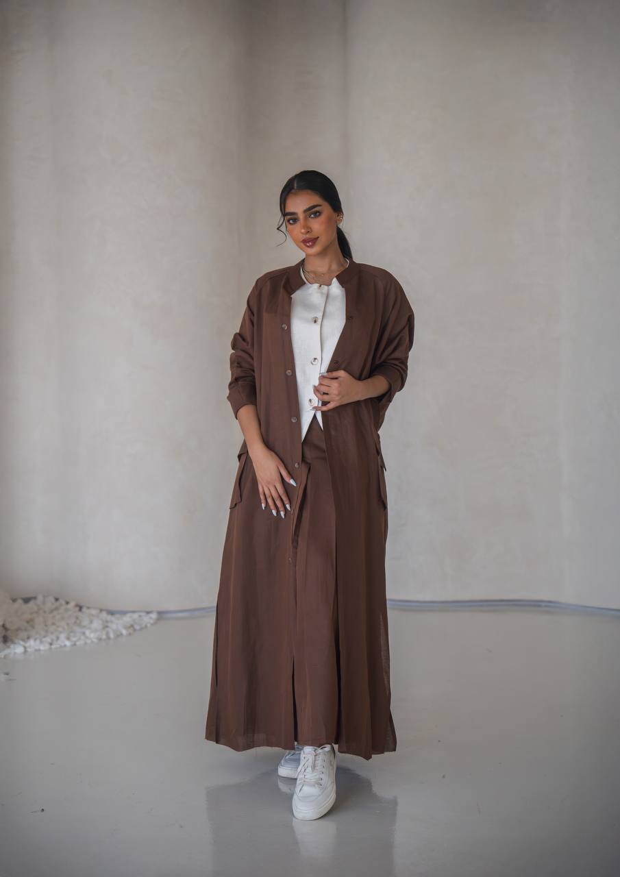 Brown linen abaya with inner set C:6639 Brown