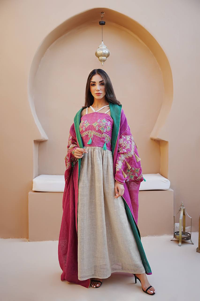 Pink burlap bisht with dress C:6593