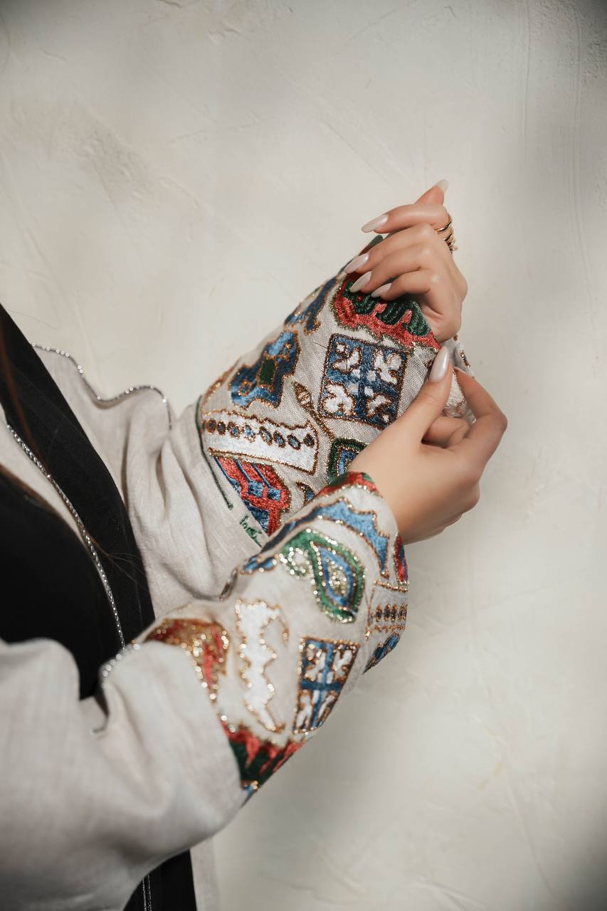 Light beige linen abaya with black inserts and embroidery C:6598