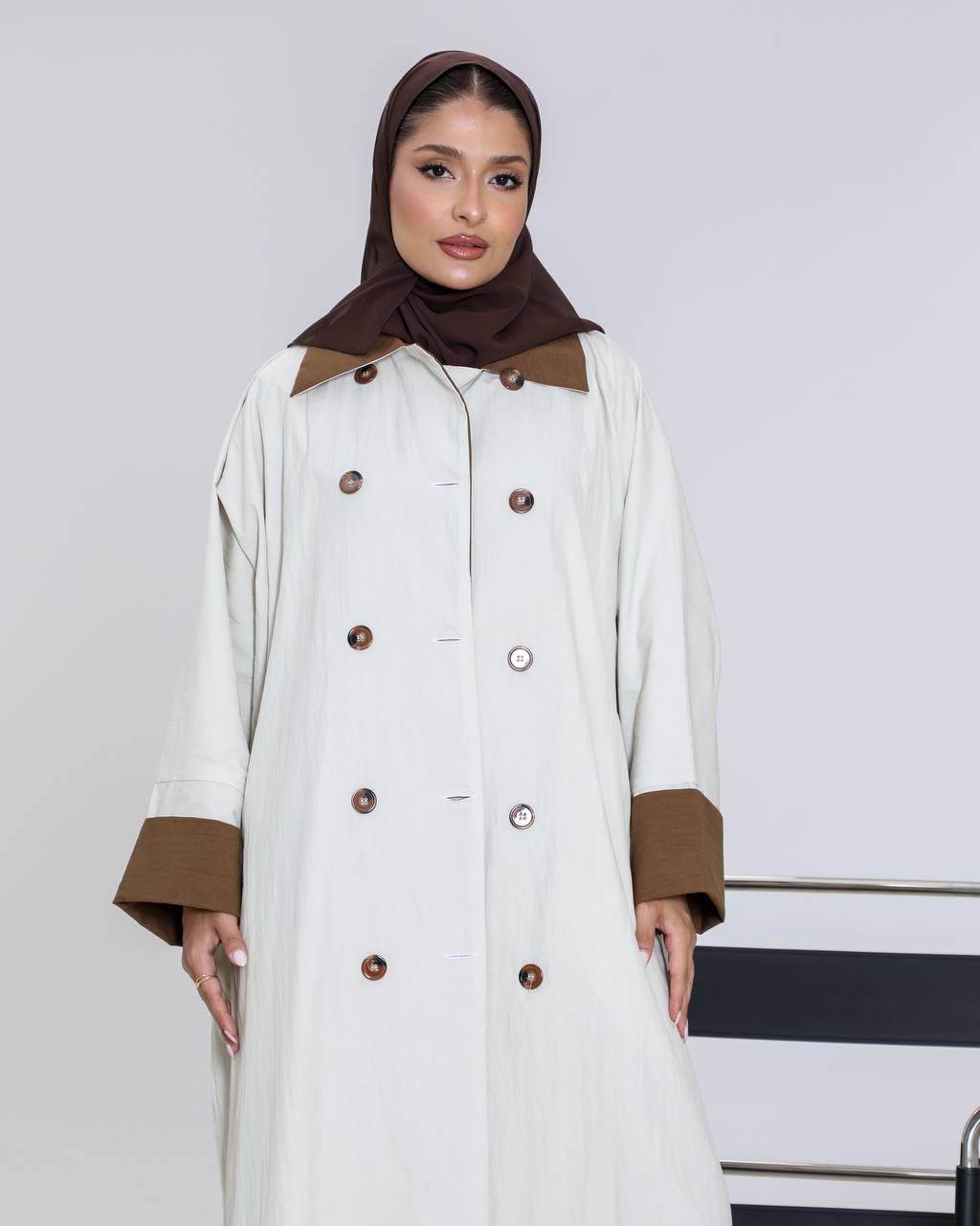 Free size trench coat, beige with brown details C:6656 Beige