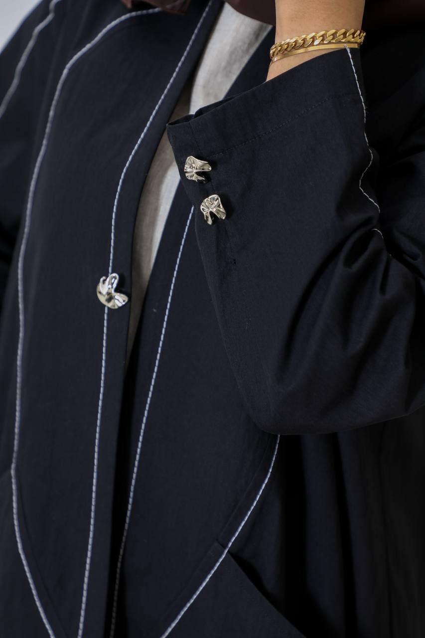 Black trench coat with white embroidery details C:6655