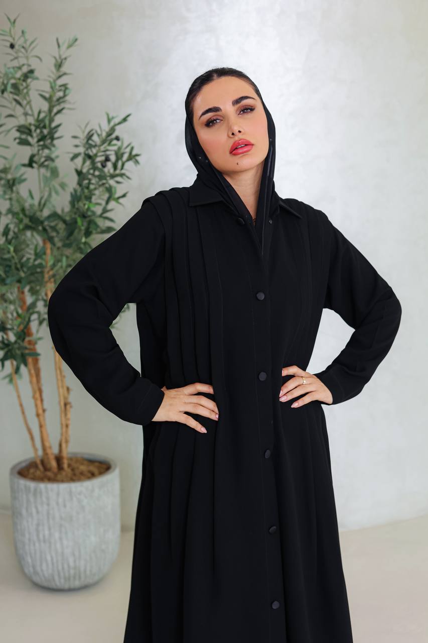 Black crepe abaya with pleats on the sides C:6663