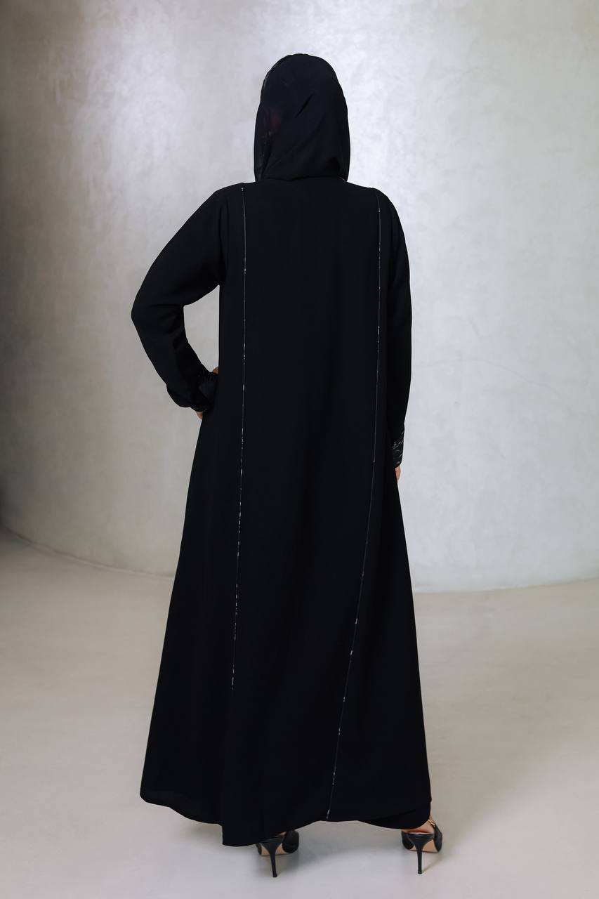 Elegant Black Crepe Abaya with Jacquard Details C:6678