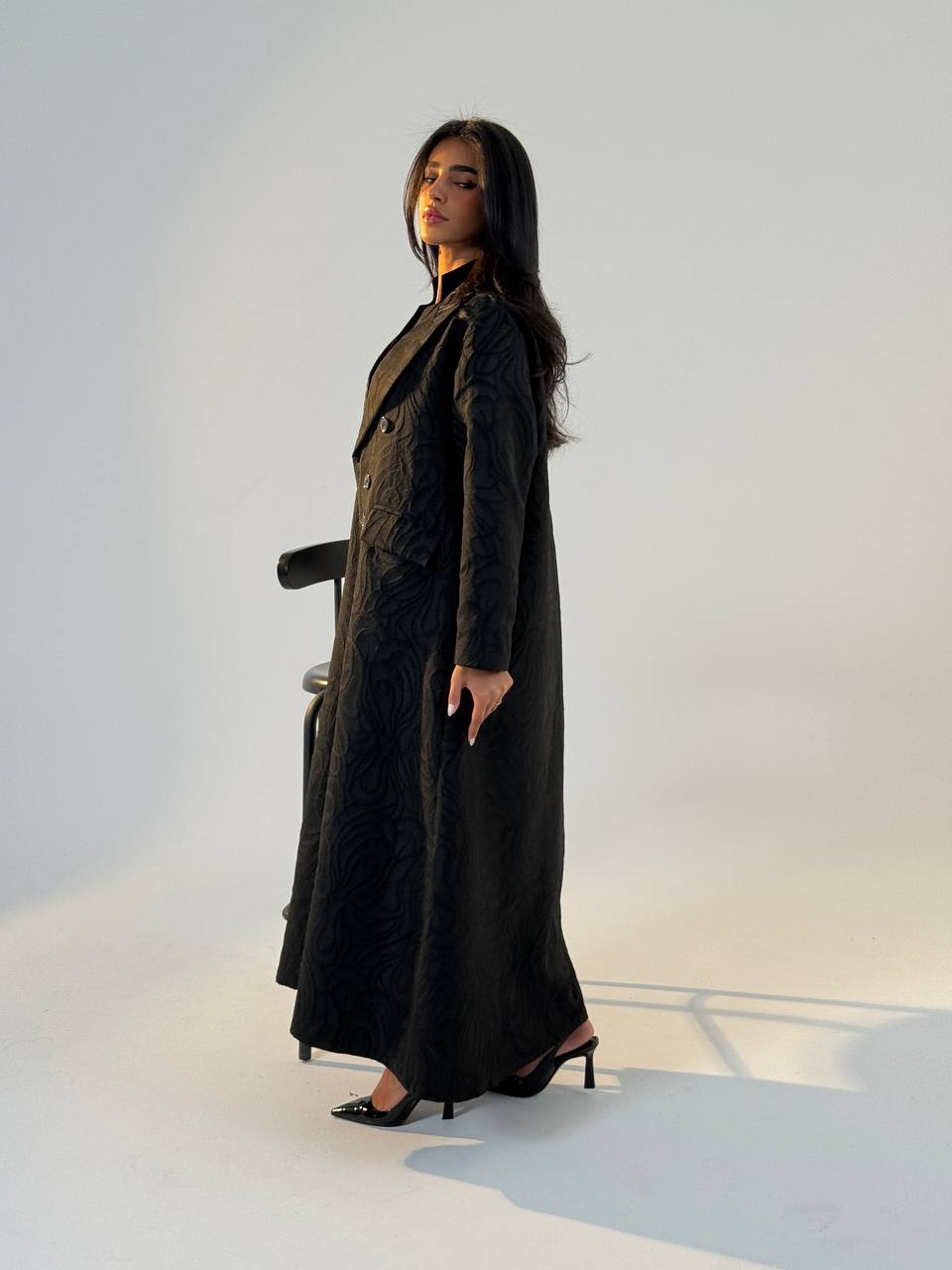 Black crepe jacquard blazer abaya.C:6693