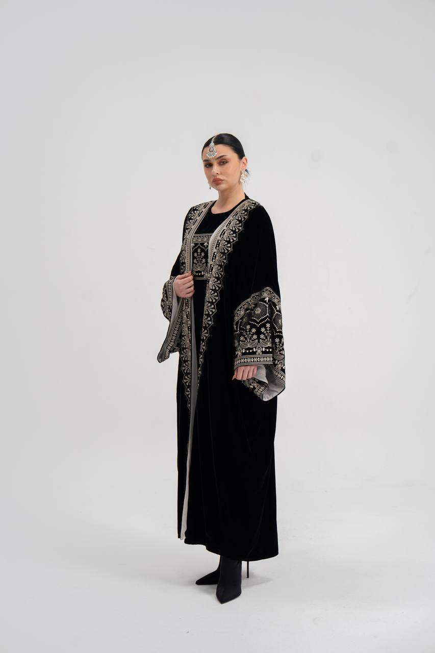 Black velvet abaya with embroidery. C:6744