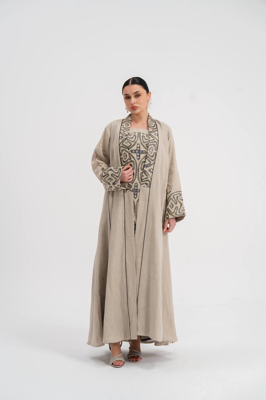 Abaya and dress set, linen with embroidery. C:6741