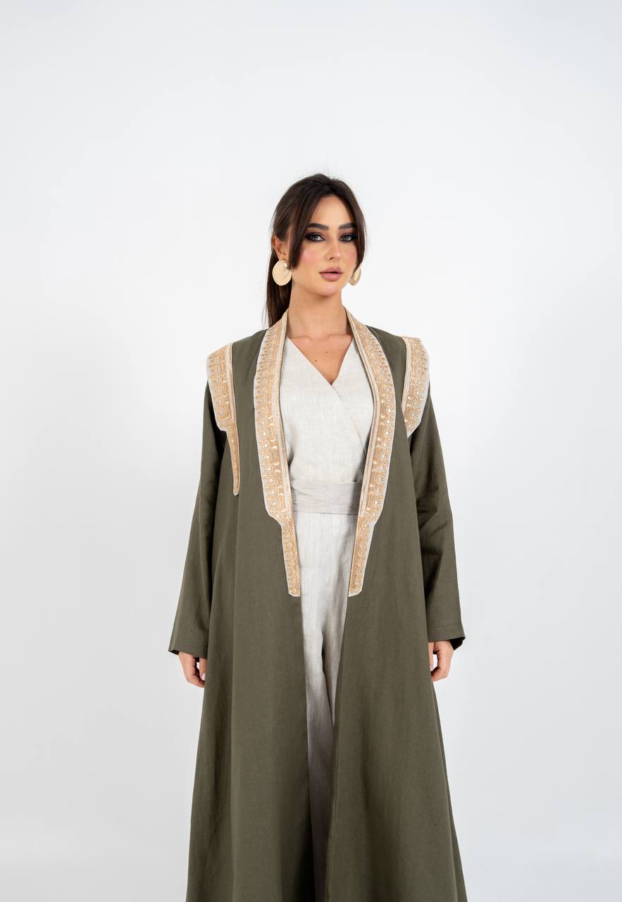 Linen abaya in olive green with embroidery. C:6762