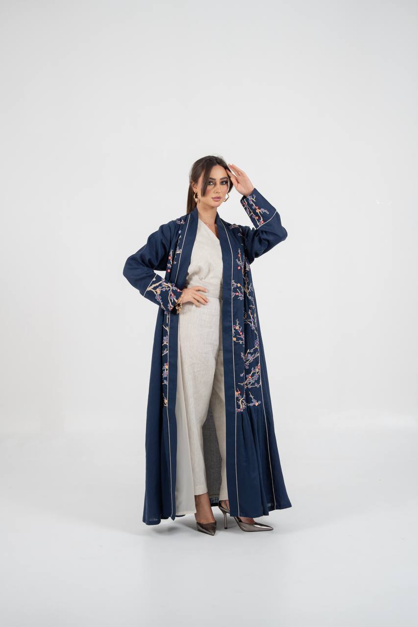 Linen abaya in navy blue with embroidery. C:6760 Blue