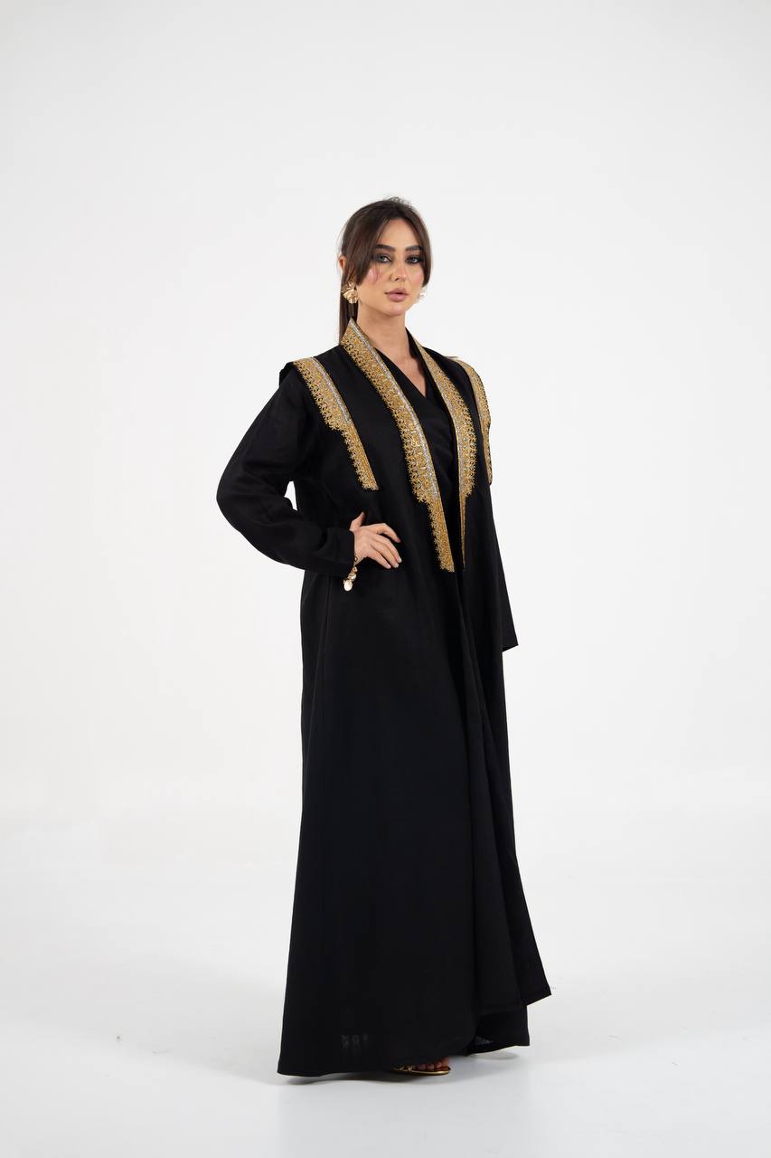 Linen abaya in black with embroidery. C:6762