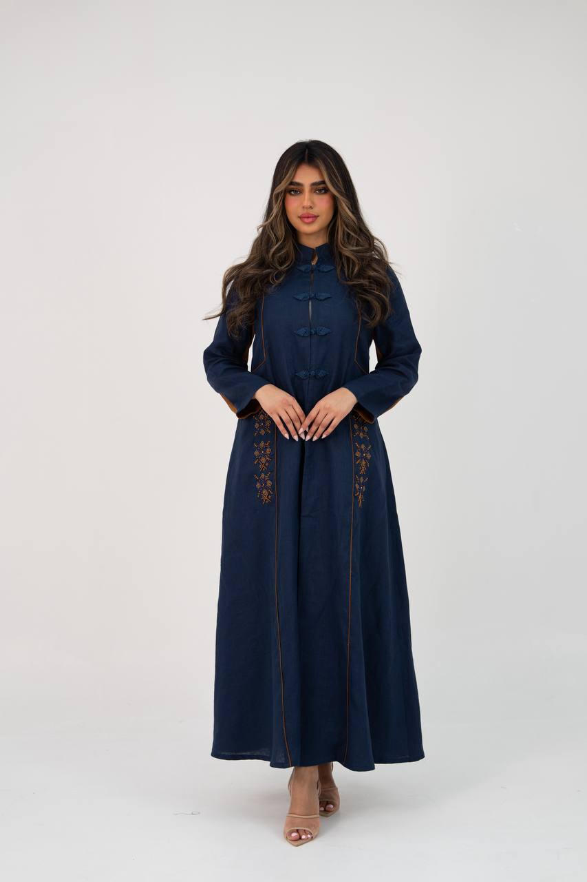 Linen abaya in navy blue with hand-stitched details. C:6766