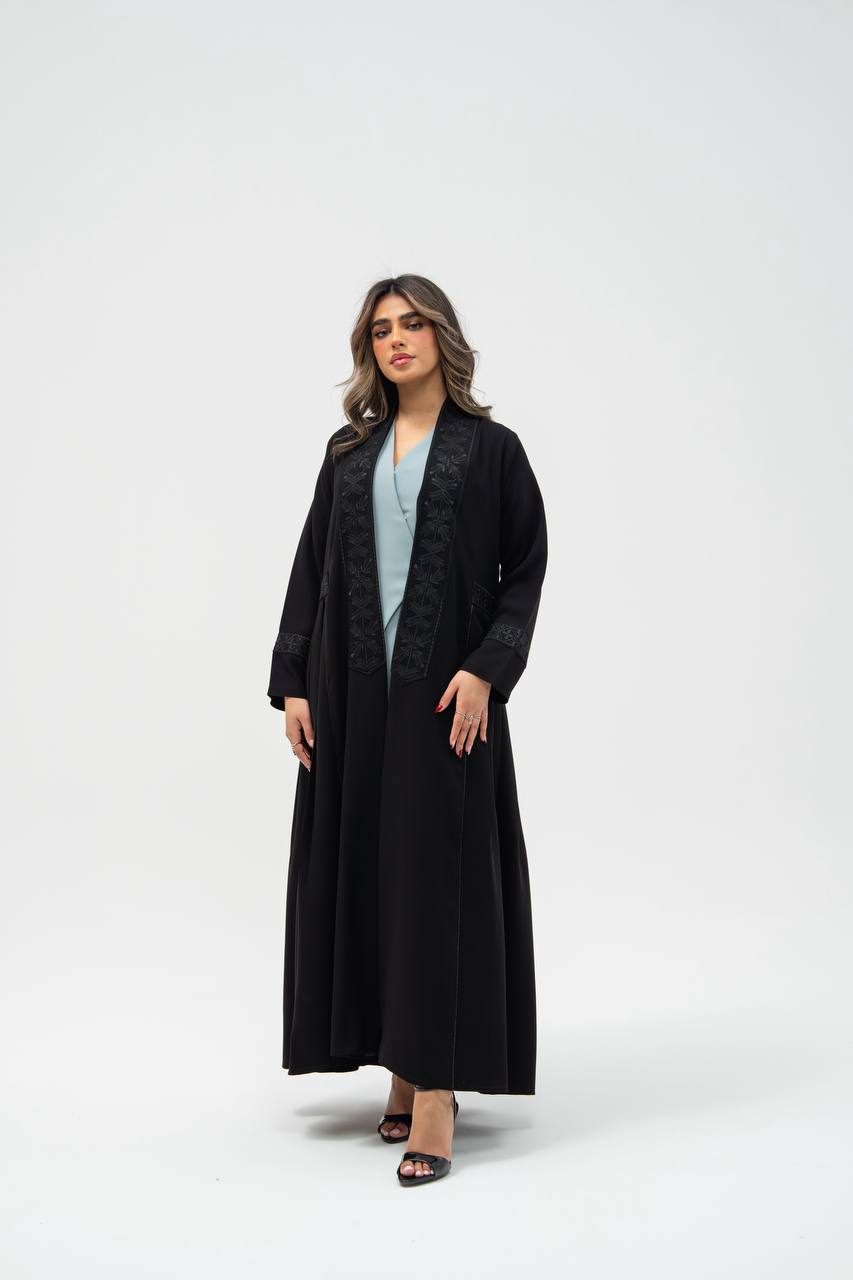 Black crepe abaya with hand-stitched details.C:6700 black crepe