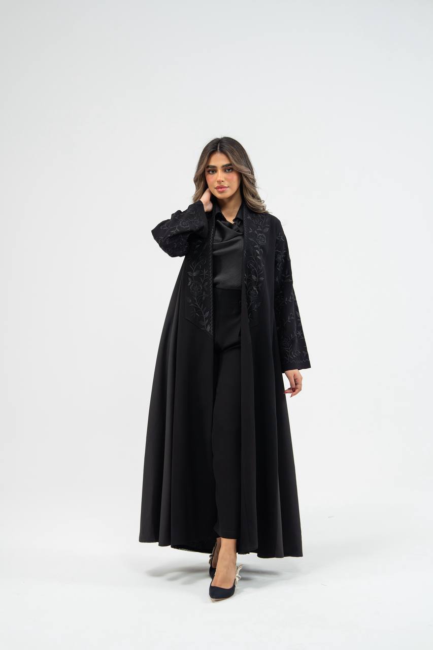 Black crepe abaya with embroidery . C:6710 black crepe