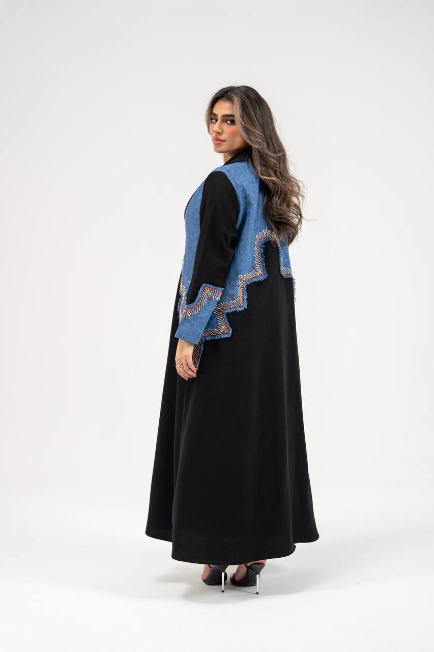 Black crepe blazer abaya with hand-stitched details. C:6771