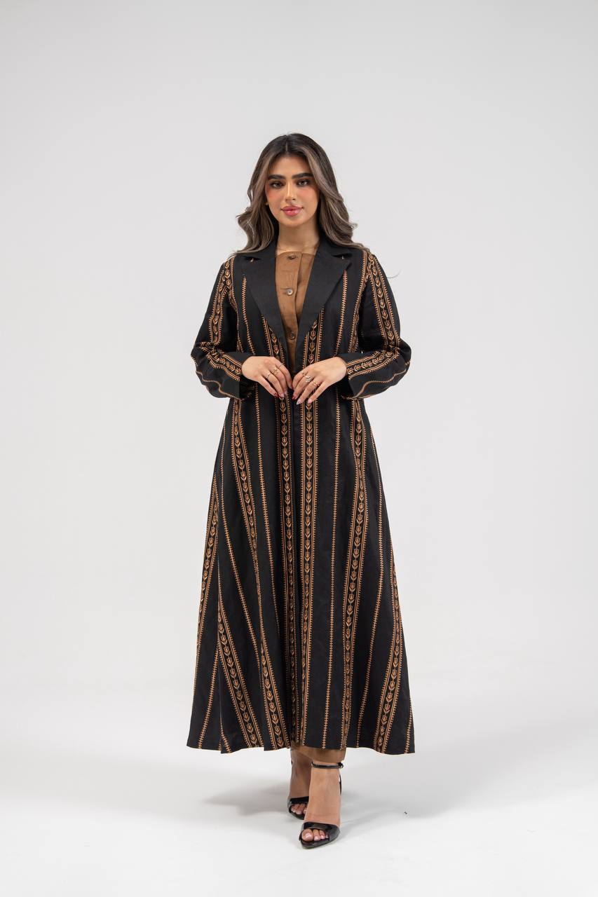 Linen abaya in black with embroidery. C:6764