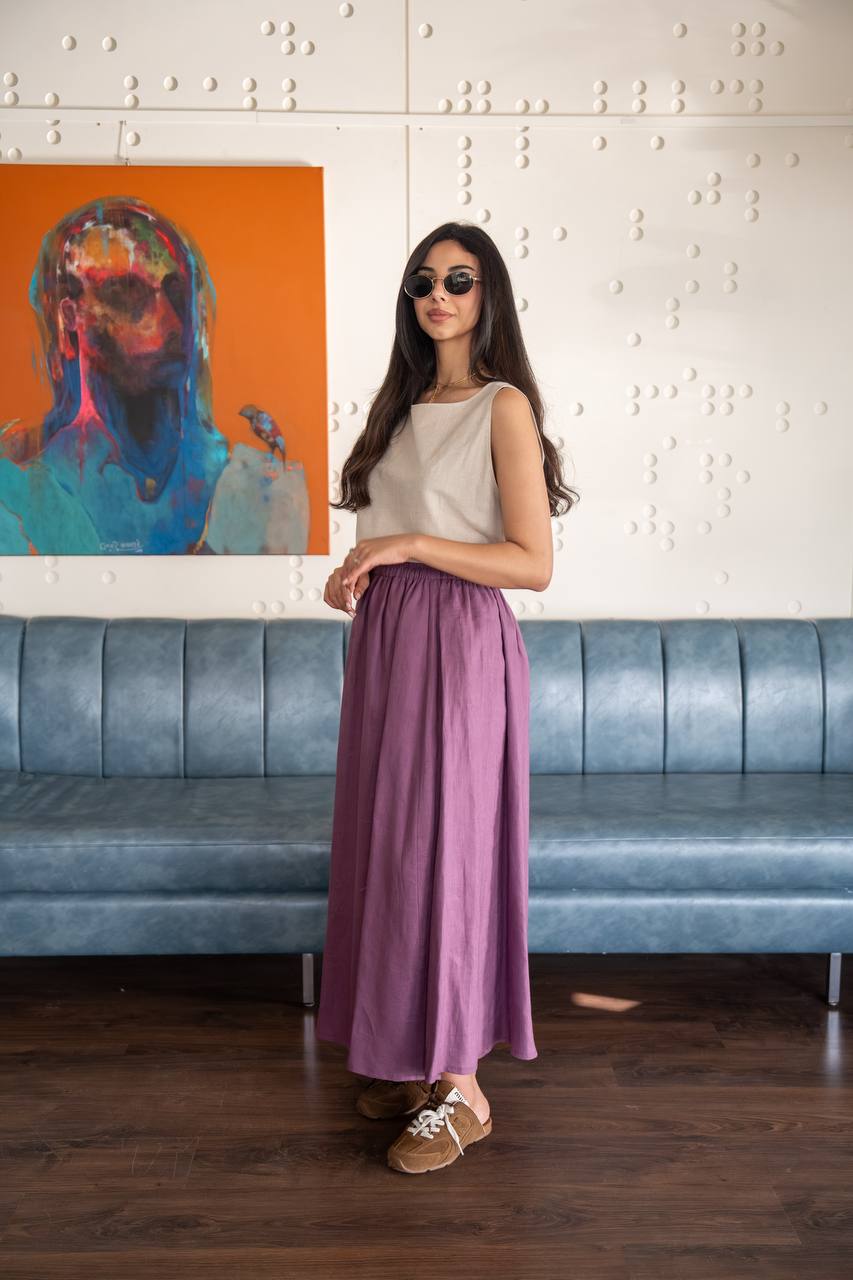 Beige blouse and purple skirt set in linen fabric. C: 236 bige. purple