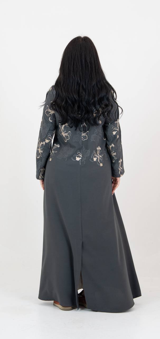 Crepe abaya in gray with embroidery. C:6765