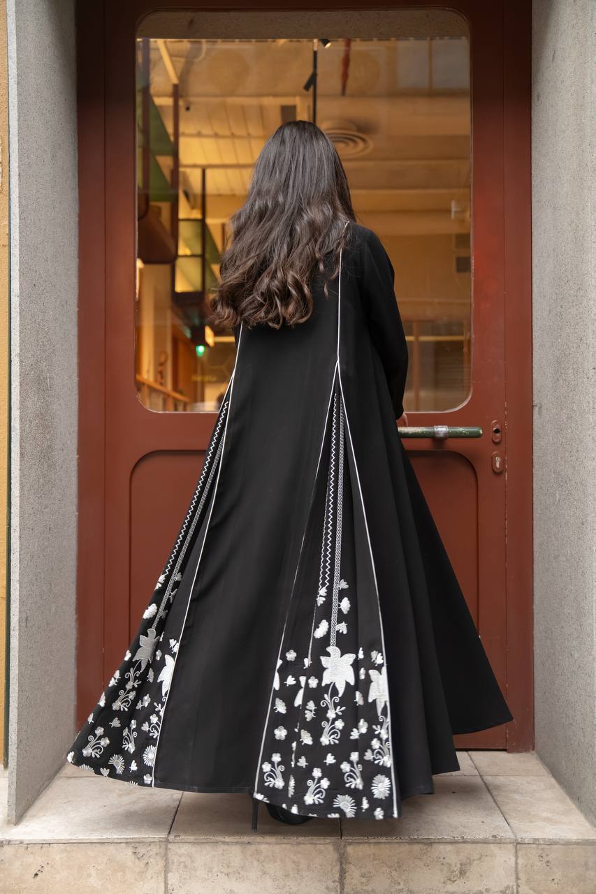Black crepe abaya with white embroidery. C:6770