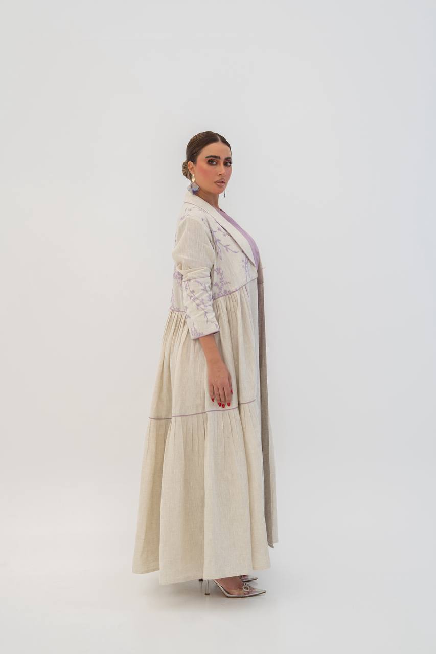 Beige linen abaya with embroidery. C:6786