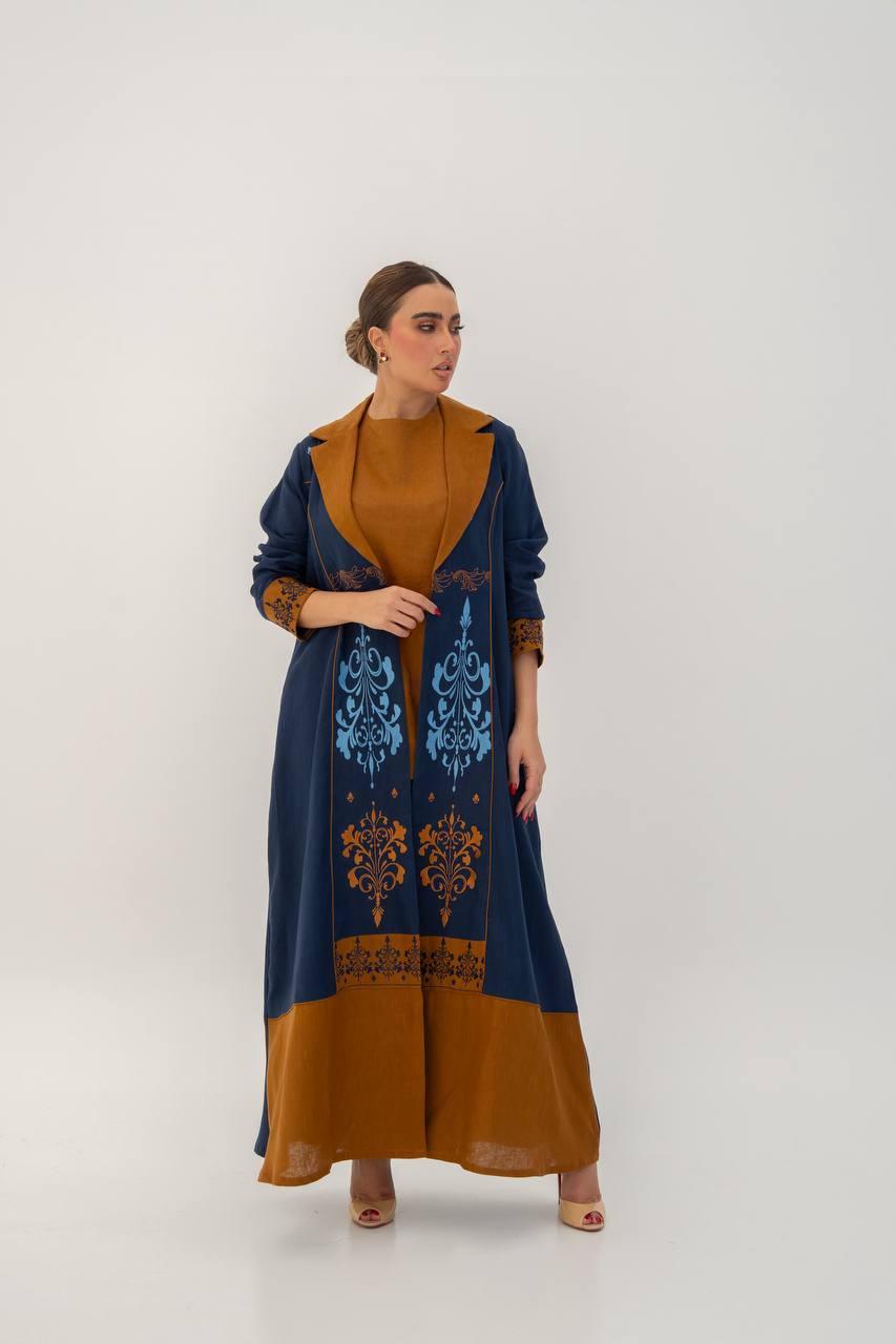 Linen abaya in navy blue with embroidery.C:6783