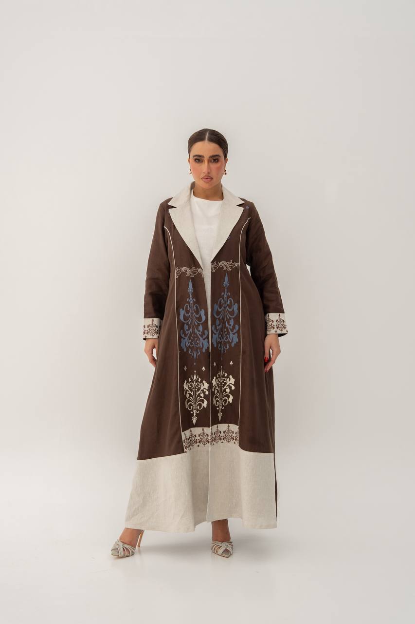 Linen abaya in brown with embroidery.C:6783 Brown