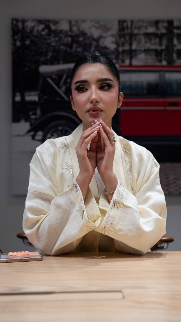 Yellow linen abaya with hand-stitched details. C:6790
