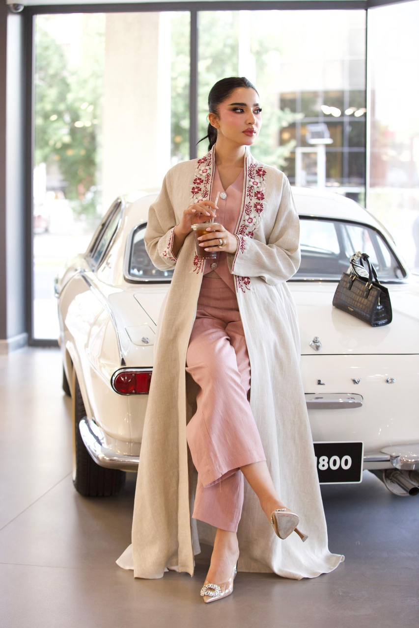 Linen abaya in beige with hand embroidery and beading. C:6791
