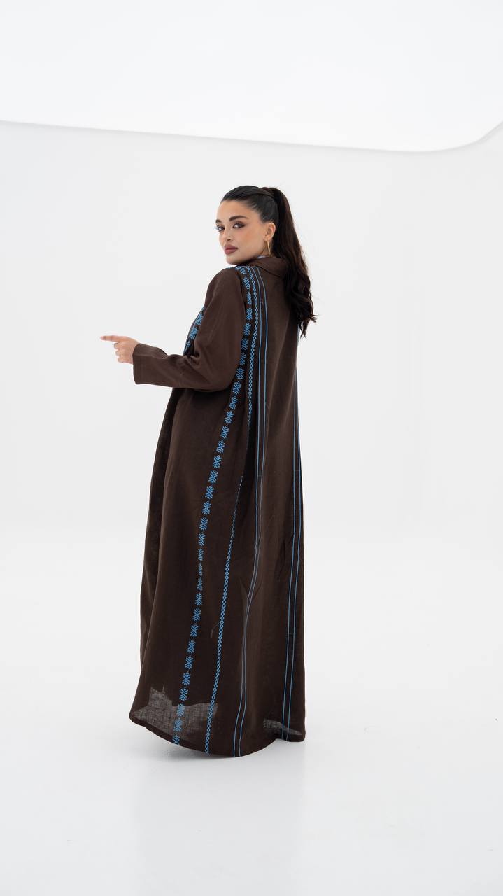 Linen abaya in brown with embroidery.C:6683
