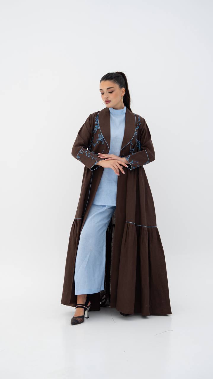 Beige linen abaya with embroidery.C:6786