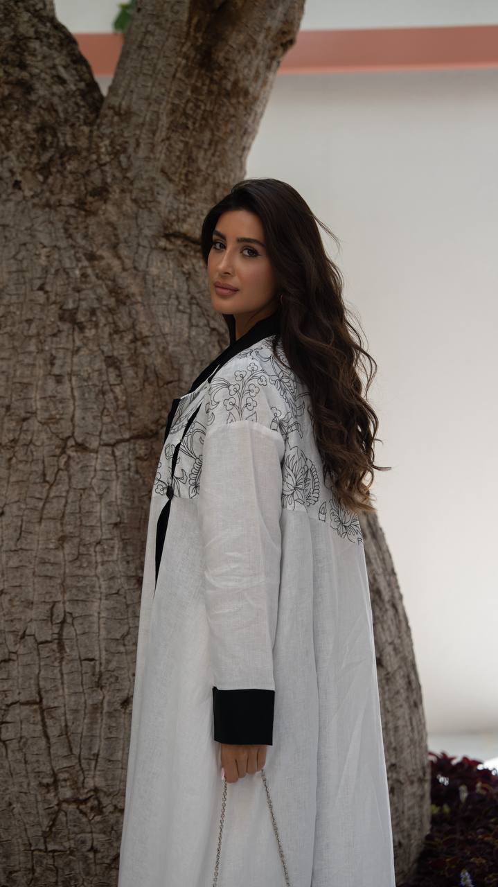 White linen blazer abaya with embroidery.C:6793